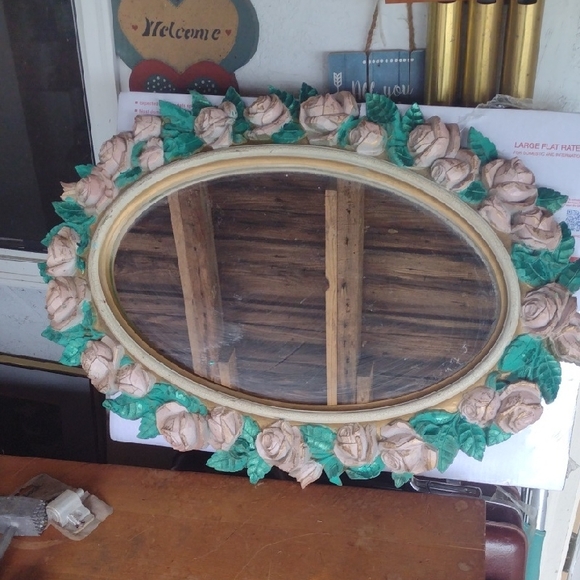 Floral Oval Wall Mirror with Green and Cream Accents - Picture 1 of 3